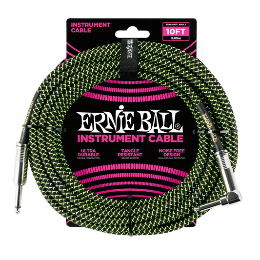 Ernie Ball 10ft Braided Straight / Angled Instrument Cable - (Black/Green)
