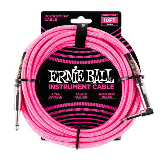 Ernie Ball 10ft Braided Straight / Angled Instrument Cable - Neon Pink
